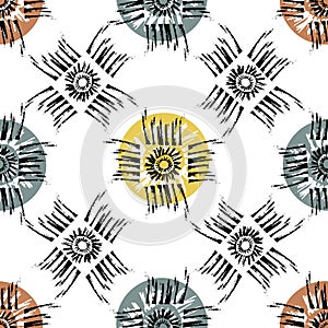 Vector tribal motifs seamless pattern background. Backdrop of grunge style sun symbol within square frayed brush stroke