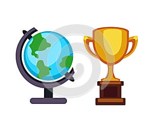 Vector trophy champion cup and earth globe flat icon. Winner trophy award and victory prize. Sport success and best win