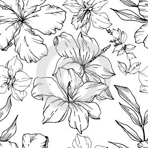 Vector Tropical flowers and leaves isolated. Black and white engraved ink art. Seamless background pattern.