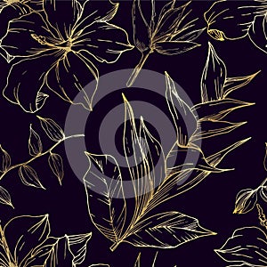 Vector Tropical flowers and leaves isolated. Black and white engraved ink art. Seamless background pattern.