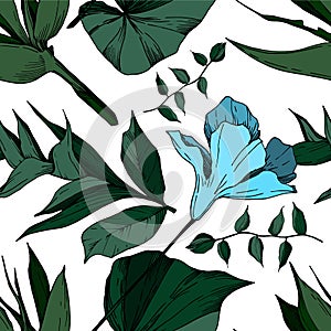 Vector Tropical flowers and leaves isolated. Black and white engraved ink art. Seamless background pattern.