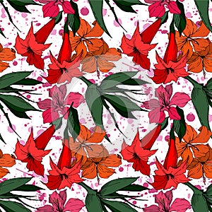 Vector Tropical flowers and leaves isolated. Black and white engraved ink art. Seamless background pattern.