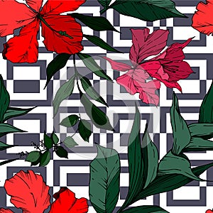 Vector Tropical flowers and leaves isolated. Black and white engraved ink art. Seamless background pattern.