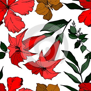 Vector Tropical flowers and leaves isolated. Black and white engraved ink art. Seamless background pattern.