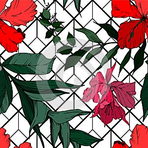 Vector Tropical flowers and leaves isolated. Black and white engraved ink art. Seamless background pattern.