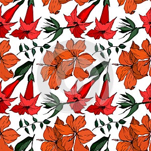 Vector Tropical flowers and leaves isolated. Black and white engraved ink art. Seamless background pattern.