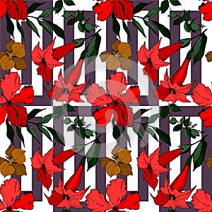 Vector Tropical flowers and leaves isolated. Black and white engraved ink art. Seamless background pattern.