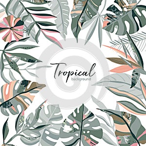 Vector tropical frame with palm leaves, exotic plants and hand drawn abstract texture.