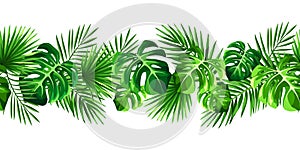 Horizontal seamless border with various tropical leaves. Vector illustration.