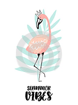 Vector tropical illustration of a cute flamingo in the crown with blue palm leaf. Hand-drawn poster for kids, holidays, clothes,