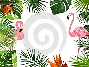 Vector tropical jungle frame with flamingo, palm trees, flowers and leaves on white background