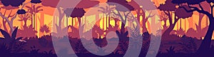 Vector Tropical jungle sunset silhouette panorama background. Golden Sun rays in wild forest, lush vegetation become