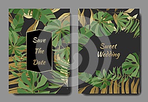 Vector Tropical leaves. Gold and green engraved ink art. Wedding background card floral decorative border.