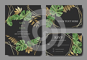 Vector Tropical leaves. Gold and green engraved ink art. Wedding background card floral decorative border.