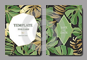 Vector Tropical leaves. Gold and green engraved ink art. Wedding background card floral decorative border.