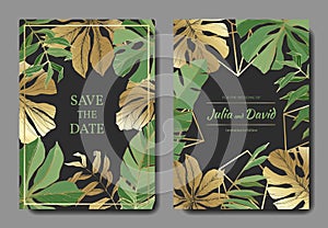 Vector Tropical leaves. Gold and green engraved ink art. Wedding background card floral decorative border.