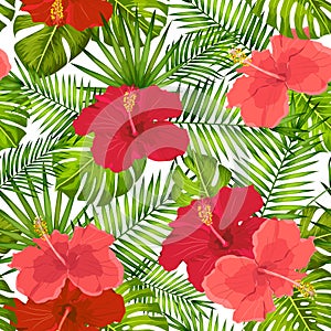 Vector tropical pattern with hibiscus flowers and tropical leaves. Floral background design for cosmetics, spa and textile