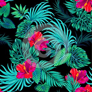 Vector tropical pattern with palms and hibiscus .