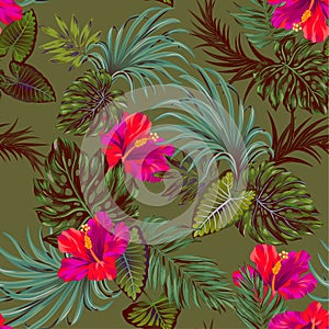 Vector tropical pattern with palms and hibiscus flower.