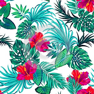 Vector tropical pattern with palms and hibiscus flower.