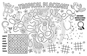 Vector tropical placemat for kids. Exotic summer printable activity mat with wordsearch, dot-to-dot, maze, I spy. Black and white