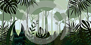 Vector tropical rainforest Jungle landscape background with leaves, fern, , illustrations