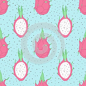 Vector tropical repeat pattern with dragon fruit on the blue dot