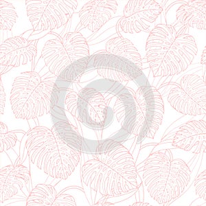 Vector tropical repeat pattern with monstera leaves outline on t