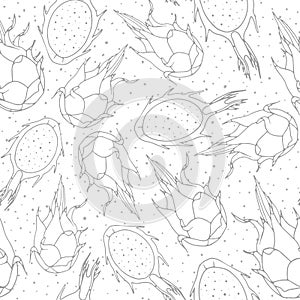 Vector tropical seamless pattern with dragon fruit outline on th