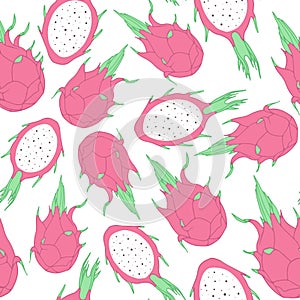 Vector tropical seamless pattern with dragon fruit on the white