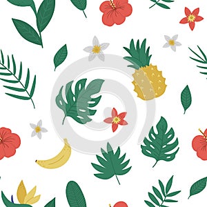 Vector tropical seamless pattern with fruit, flowers and leaves. Jungle foliage and florals digital paper. Hand drawn flat exotic
