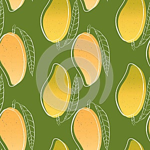 Vector tropical seamless pattern with mango on green background.Hand drawn design for textile,wrapping paper,brochures,restaurant