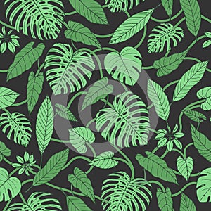 Vector tropical seamless pattern with monstera and banana leaves