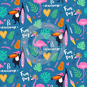 Vector tropical seamless pattern with pink flamingo, toucan, tropic leaves. Exotic background.