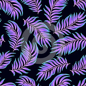Vector tropical summer dark neon luminous seamless pattern. Bright electric colors y2k style. Dreamy summertime palm leaves