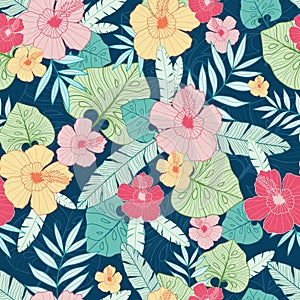 Vector tropical summer hawaiian seamless pattern with tropical plants, leaves, and hibiscus flowers. Great for vacation