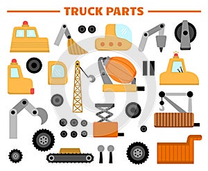 Vector truck spare parts set. Special transport details collection. Construction site, road work, building transport icons with