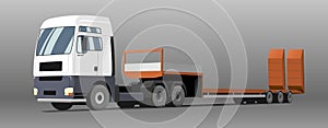 Vector truck; tractor, low loader trawl for transportation of road equipment, tractors, graders, scrapers, bulldozers. Isolated on