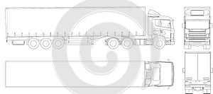 Vector truck trailer outline. Commercial vehicle. Cargo delivering vehicle. View from side, front, back, top.