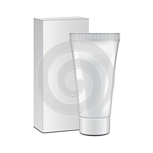 Vector tube with white box- cream, gel, skin care, toothpaste. Ready for your design. Packaging mockup template