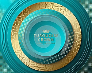 Vector turquoise and gold abstract round luxury frame. Geometric golden pattern, sparkling sequins on blue green background.