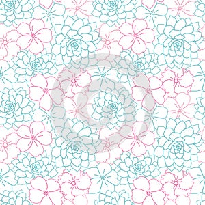 Vector turquoise and pink flowers seamless pattern white background