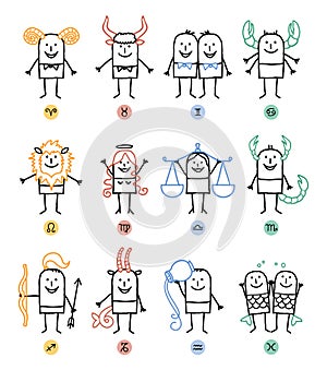 Twelve Zodiac Cartoon Characters Signs