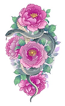 Vector Twisted Snake among Pink Peony Flowers
