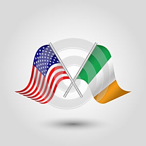 Vector two american and irish flags on silver sticks - symbol of united states of america and ireland