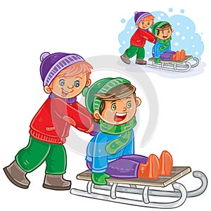 Vector two boys friends ride a sled