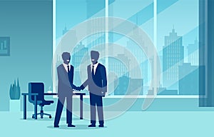 Vector of two business men shaking hands in a corporate office