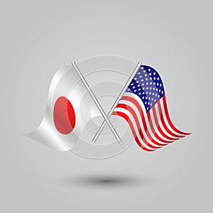 Vector two crossed japanese and american flags on silver sticks japan and united states of america