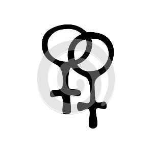 Vector two crossed symbols of venus. Female gender symbols in doodle style, isolated. Woman love combinations