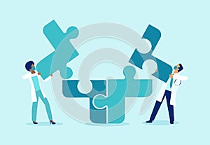 Vector of two doctors putting puzzle pieces together a symbol of team work and collaboration